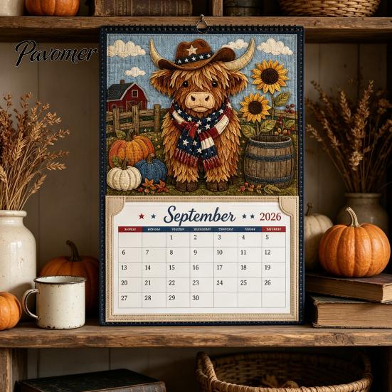 Highland Cow Wall Calendar Farmhouse DIY Kit for 12 Months, Handmade Personalized Paper And Cloth Craft Set, Rustic Home Office Decor Monthly