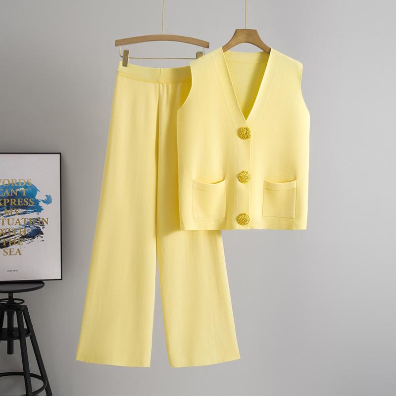 2025 Letní Móda Dvoudílný Pletený Vesta na Knoflíky & Sada Dlouhých Kalhot