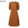 ZANZEA Women Casual Round Neck Loose Half Sleeve Long Dress