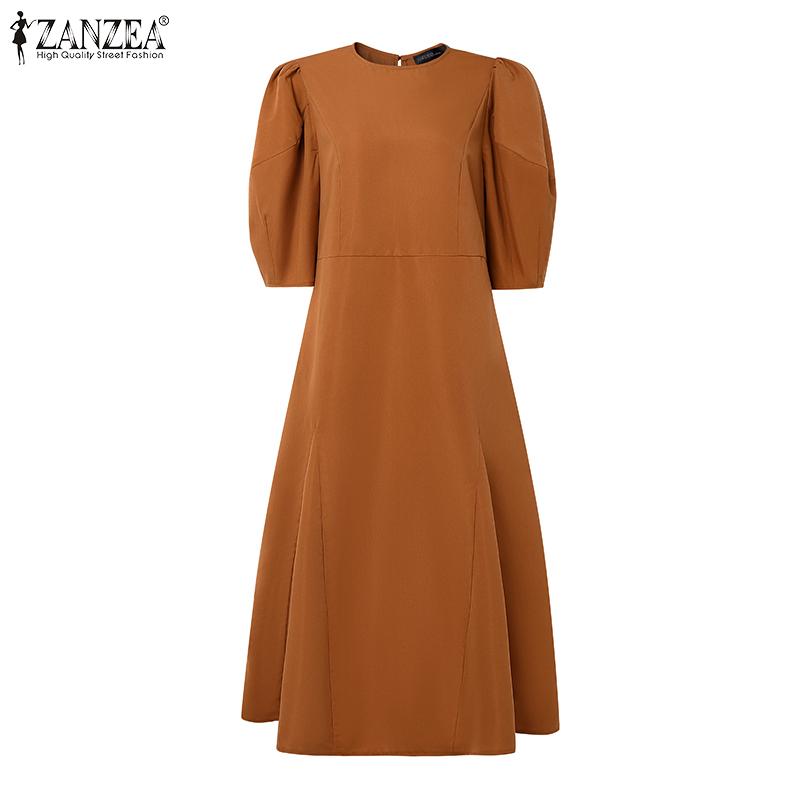 ZANZEA Women Casual Round Neck Loose Half Sleeve Long Dress