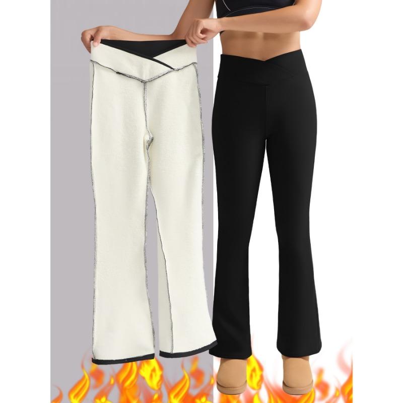 Women's Fleece Lined Flared Pants V-Waist Design Warm Leggings for Winter Casual
