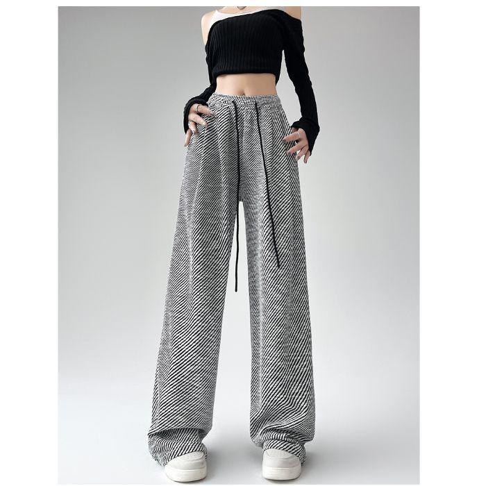 

Black & White Striped Silk Wide-Leg Pants - Women s Autumn Winter Casual Floor-Length Style L
