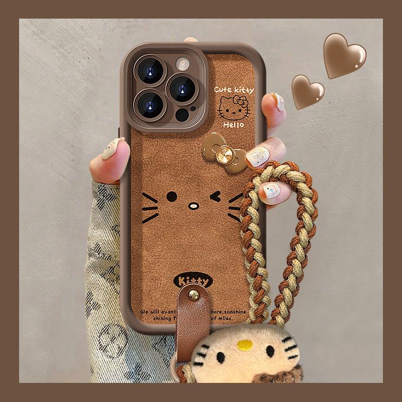 KT Cat Bow Doll Lanyard Suitable for Apple 13PRO Lambskin Mobile Phone Case 14 Fine Hole Anti-drop 12 Retro X