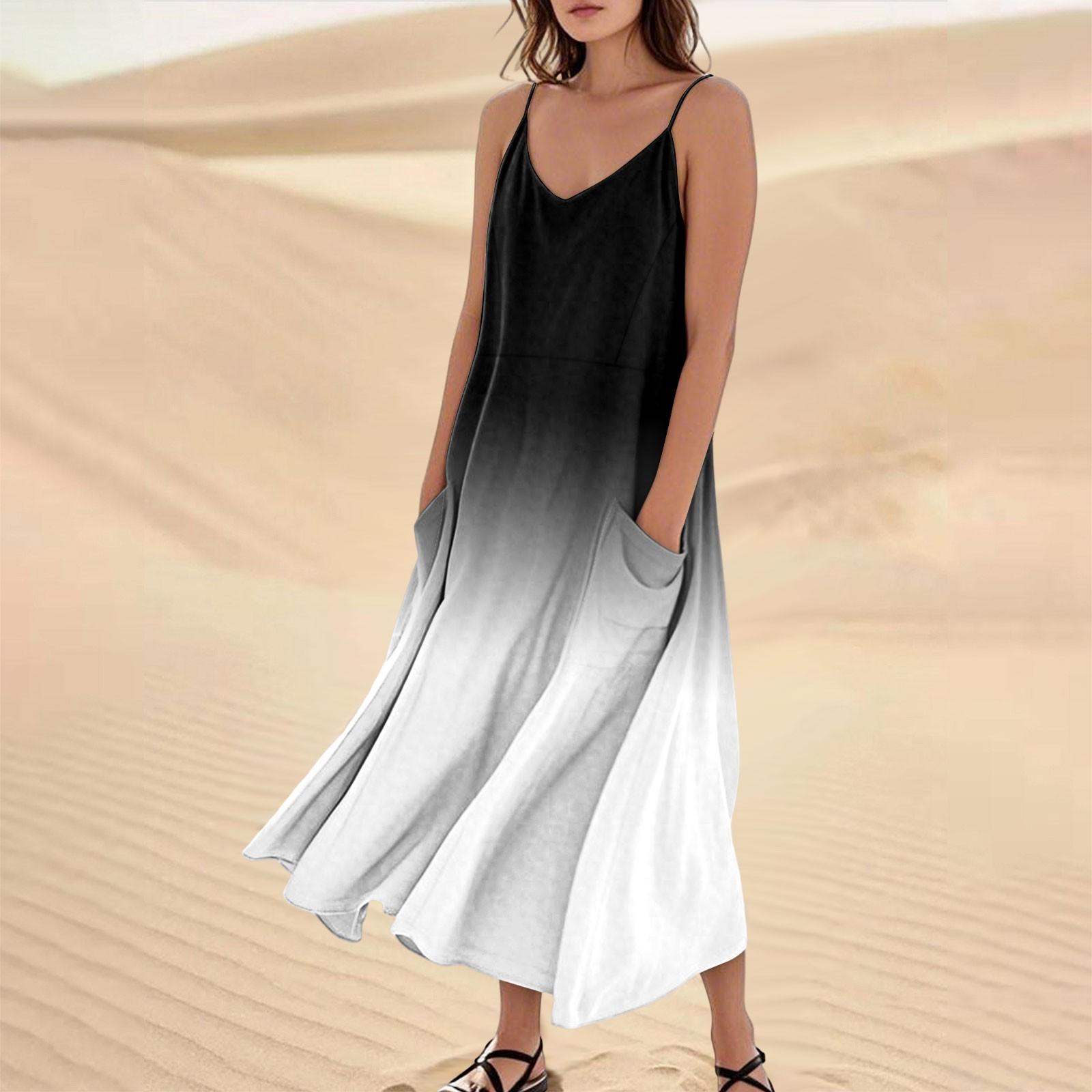 

Women s Casual V Neck Gradient Print Sleeveless Pocket Suspender Dress XXL білий