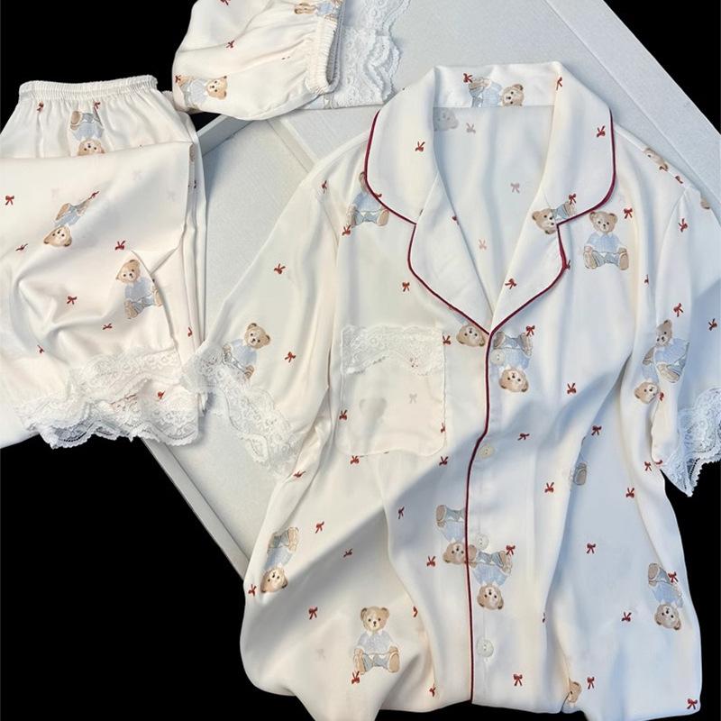 Lace Lace Bear Three-Piece Spring Imitation Silk Thin Short-Sleeved Short Trousers Loungewear