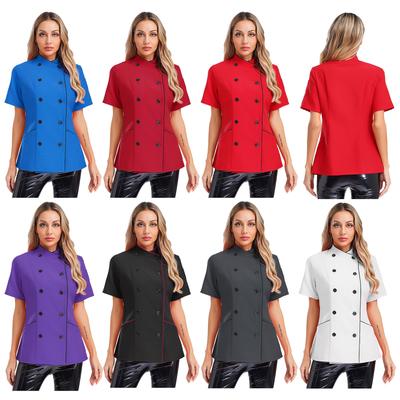 Women Short Sleeve Chef Coat Cross Over Collar Double Breasted Jacket Kitchen Restaurant Hotel Uniform Wear