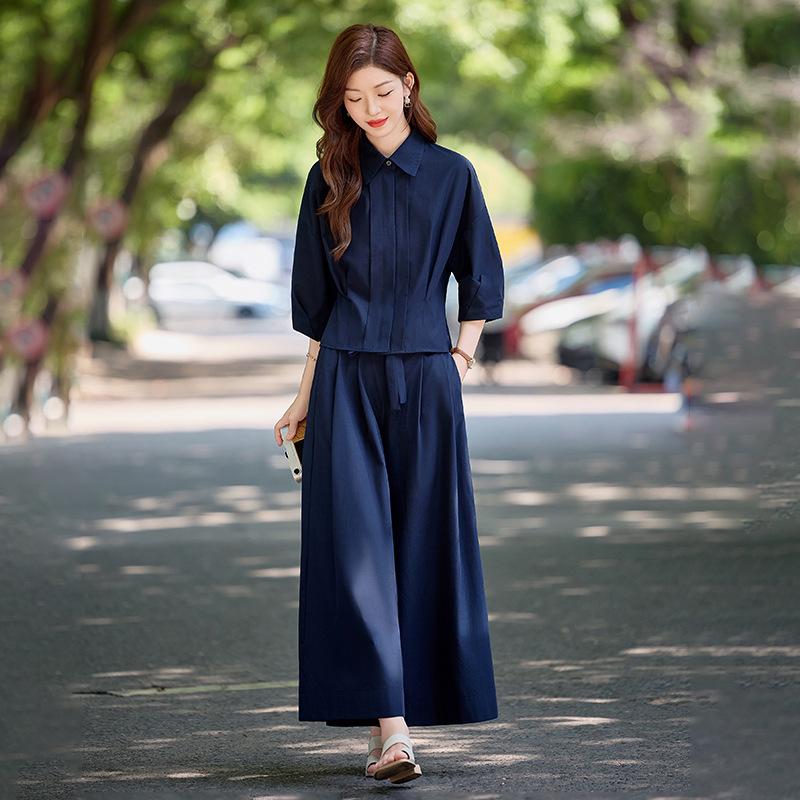 Fashion Suit Women's Summer New Temperament Waist and Thin Short-sleeved Shirt Wide-leg Pants Skirt Two-piece Set