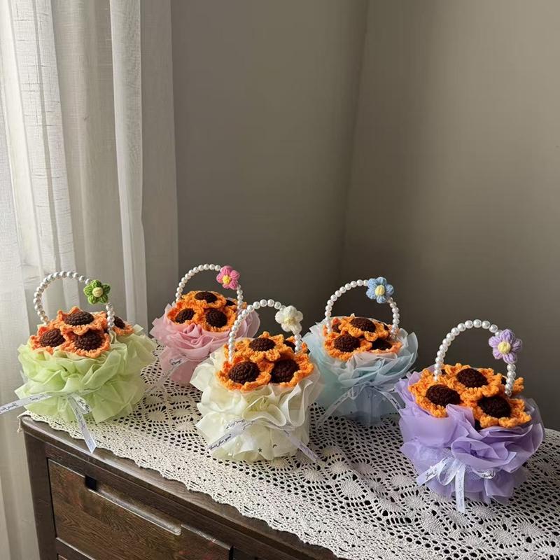 Mini Graduation Flower Bouquet Basket Artificial Knitted Flower Bouquet Valentine'S Day Gift Flower Basket Birthday Gifts