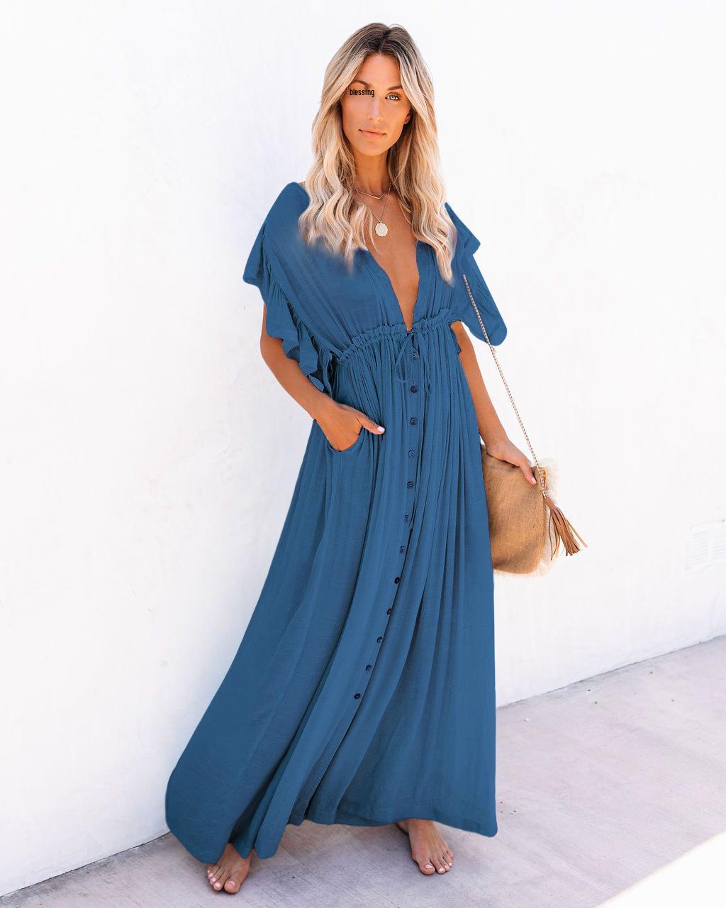 

Summer Beach Button-Up Bamboo Skirt with Waist Tie, Sunscreen Fabric, Available in 7 Colors One Size королевский синий
