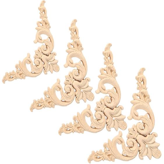4pcs Wooden Onlay Applique for Furniture, Carved Wood Corner Decals for Mirror Bed Door Cabinet, Flower Shape Unpainted Wood Decor(12x12cm/4.7x4.7in)