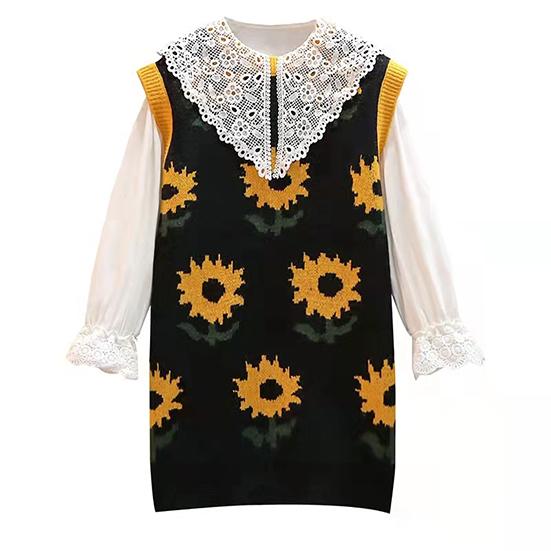 

Зимний женский вязаный жилет, белая кружевная рубашка, комплект из двух предметов, женский свитер, жилет большого размера, костюм S чёрный