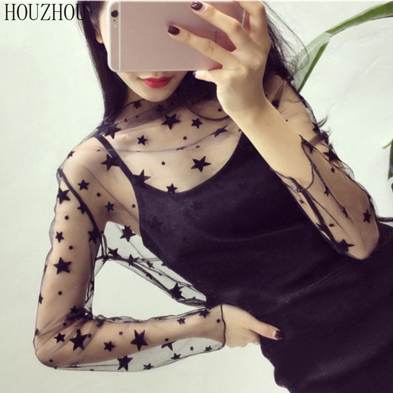 HOUZHOU Black Lace T-shirt Women Sexy Mesh Sheer Party Clubwear Chic Long Sleeve Print T-shirt