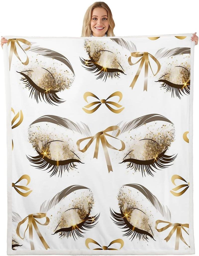 Blue Bow Pattern Blanket Soft Fleece Throw Elegant Home Decor Gift for Women Girls Bedroom Bedding Cover