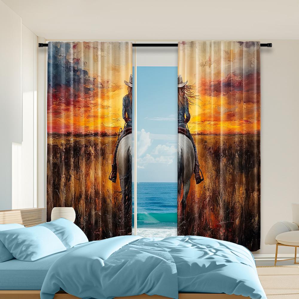 

2 pcs, versatile polyester transparent curtains for home decoration Western Cowgirl on Horseback for use in bedrooms and living 29x65in(75x166cm)