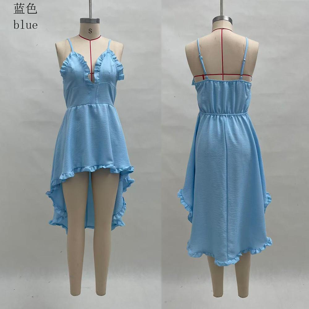 New summer sexy women's off-the-shoulder beach irregular suspender solid color dress