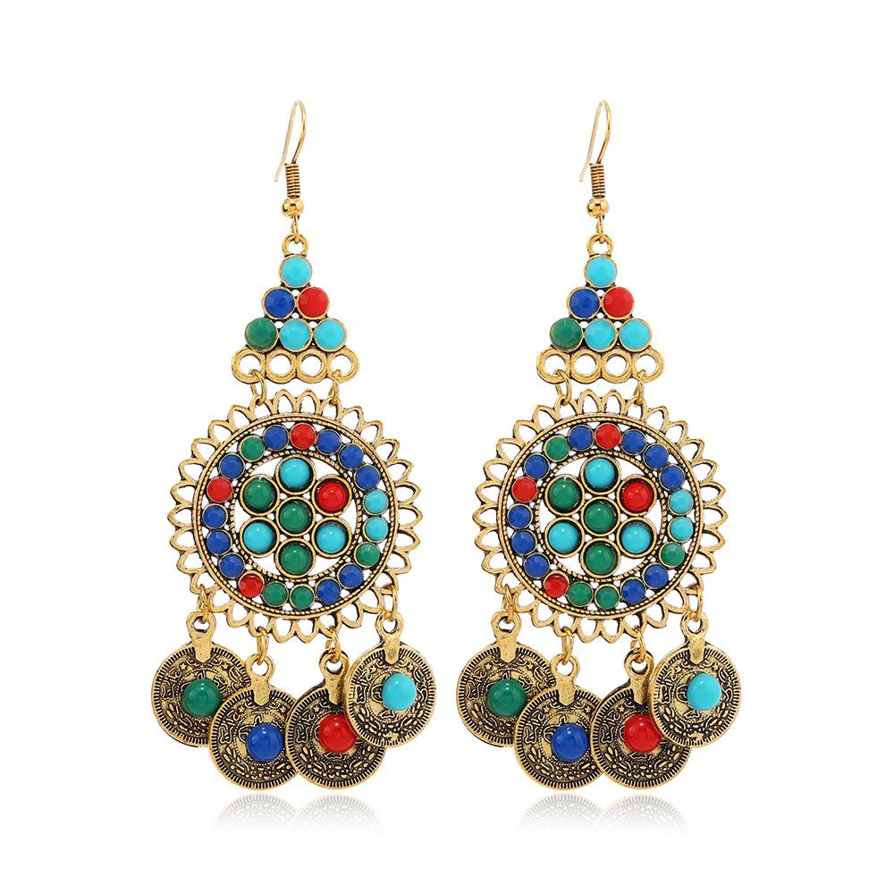 Vintage Afghan Gypsy Coin Headband Bracelet Earrings Sets Boho Colorful Rhinestone Round Hollowed Flower Turkish Female Zircon