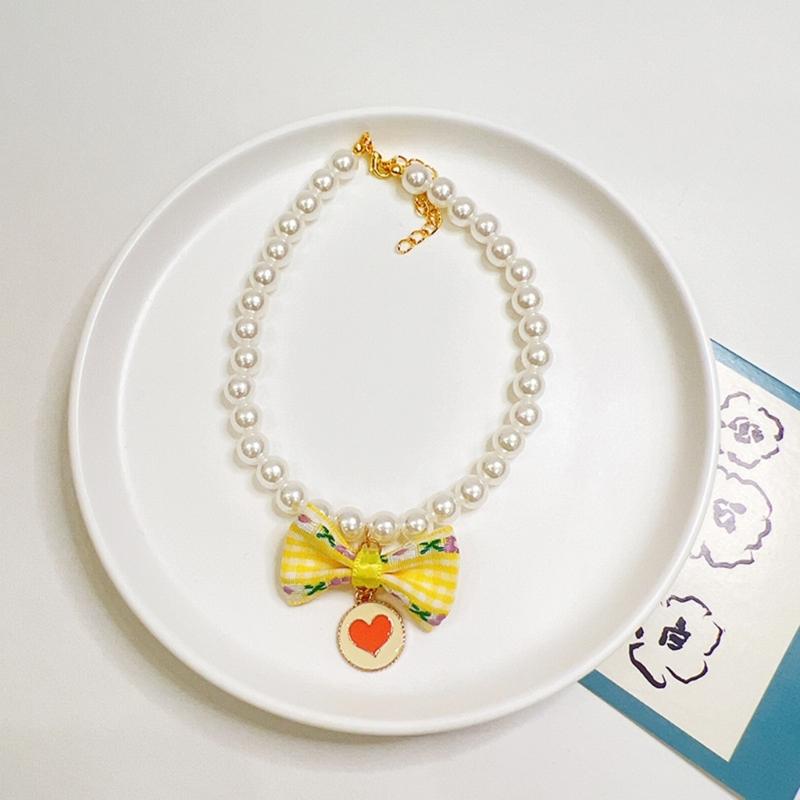Pet Bowknot Adjustable Collar Cat Jewelry Pendant Princess Pearl Necklace Puppy Collar Decorative Dog Collar Accessories