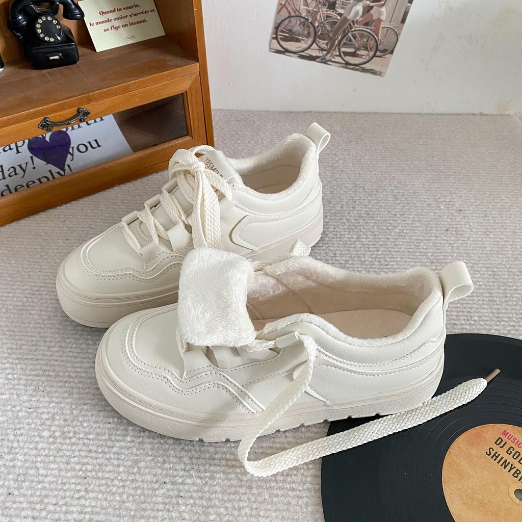 H1385 Samt Dicksohlige Weiße Schuhe Damenschuhe Warm Winter 2024 Neu Flachsohlige Vielseitige Board-Schuhe Lässige Baumwollschuhe