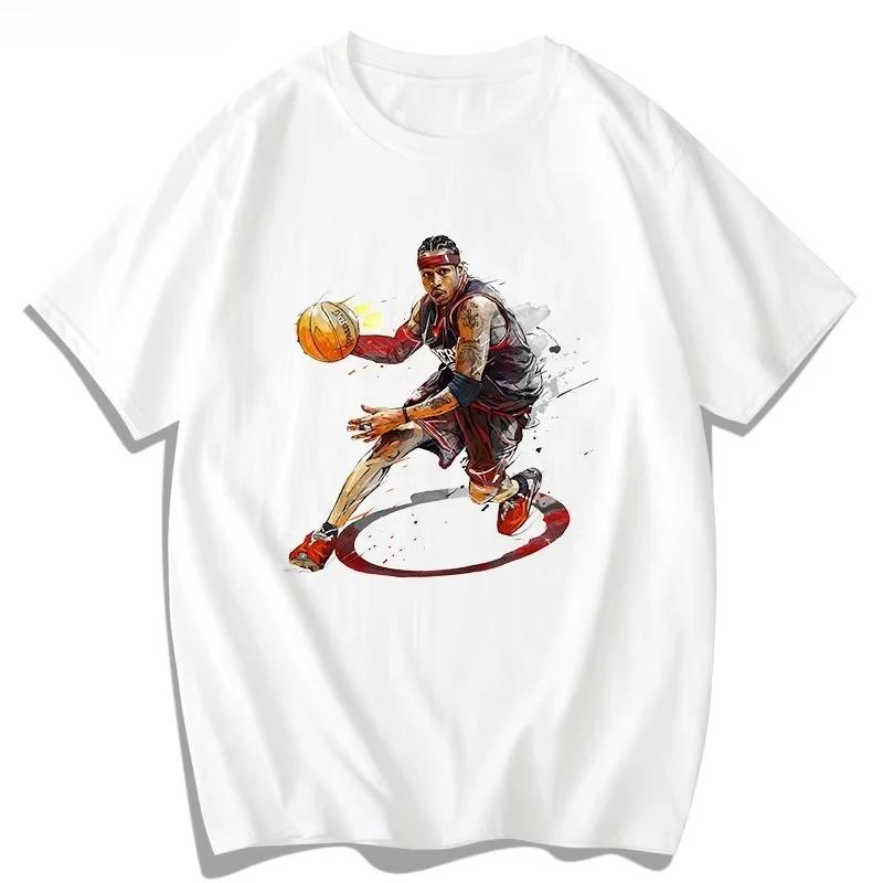 Summer men's new Iverson character T-shirt Basketball fire print casual short-sleeved round-neck 100% cotton T-shirt streetwear