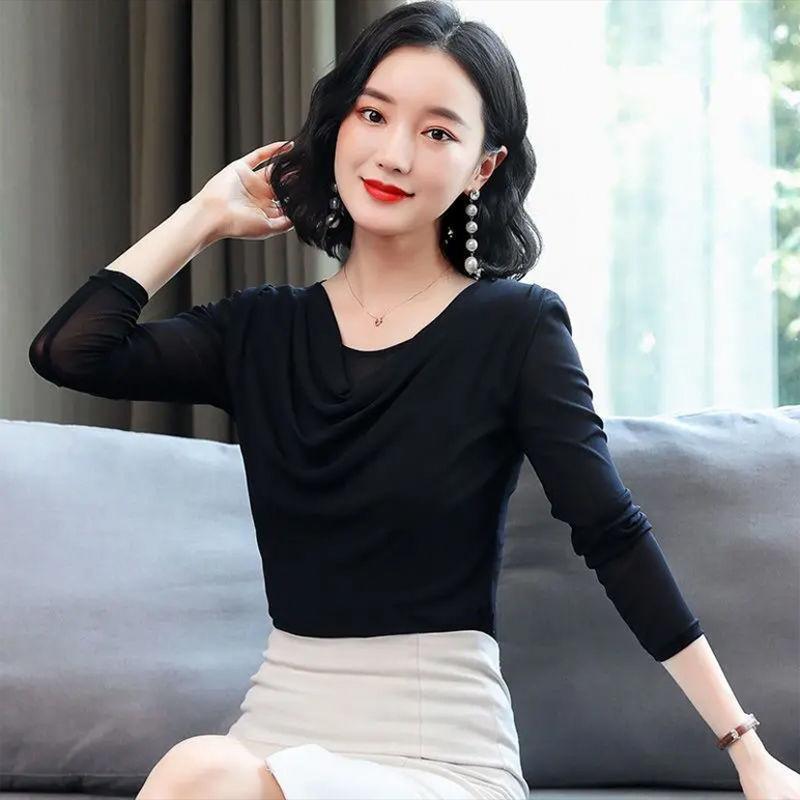 Autumn Elegant Slimming Blouse Women Long Sleeve Mesh Tops Fashion Drape Neck Slim Fit Tee Basic Shirt