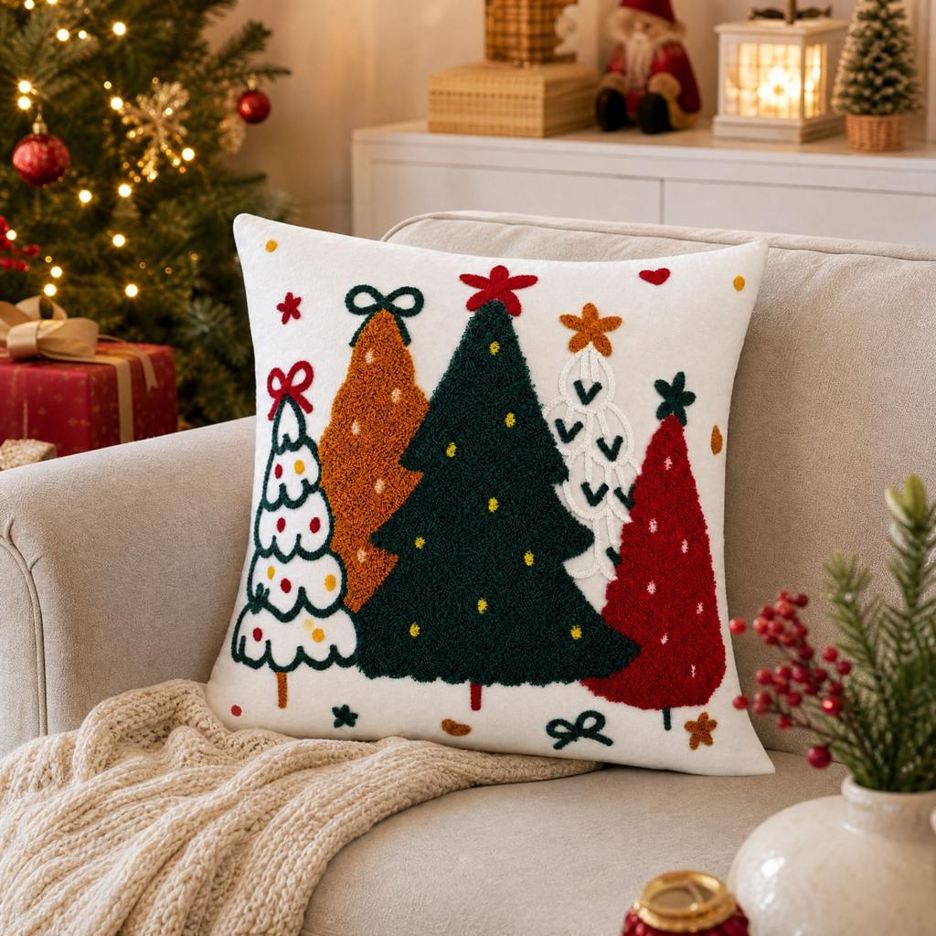 Christmas Cover 45*45 cm Without Insert, Embroidered Colorful Christmas Tree for Sofa and Living Room