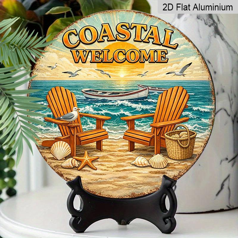 

2D Flat, 1pc Round Aluminum Hanging Sign - Coastal Welcome Beach Sunset Vintage Metal Wall Art, Retro Ocean Chair & Seashell Design, Perfect for 7.87x7.87inch