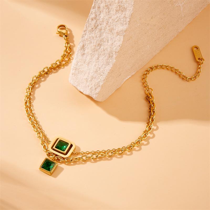 Gold Square Emerald Cz Jewelry Set Necklace Bracelet Hoop Earrings