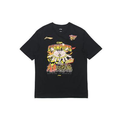 Li-Ning Sports Basketball Series 20-21 Season Guangdong Team CBA Champion Commemorative Cartoon Short Sleeve T-Shirt Men Tops Black AHSRB05-1