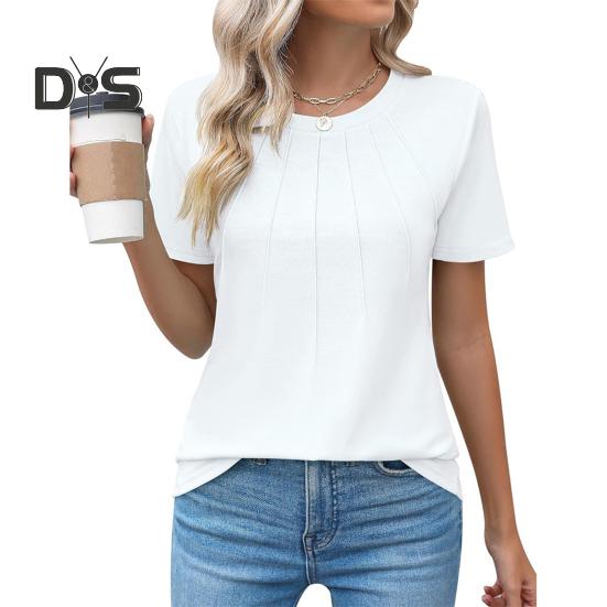 Damen Sommer-Tops mit Rundhalsausschnitt, kurzen Ärmeln, Faltenstruktur, T-Shirt, einfarbig, lockere Passform, elastische Oberteile für den Alltag
