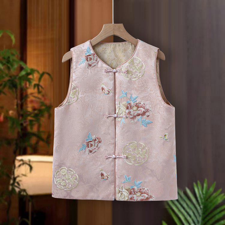 

2026 Chic National Style Gold Thread Brocade Jacquard Vest - Spring/Autumn Collection 2XL рожевий