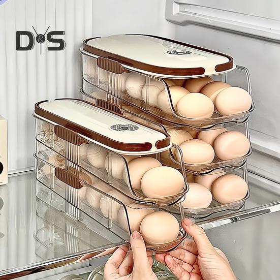Automatic Rolling Egg Container Fridge Storage Box Food Grade BPA Free Transparent Stackable Fridge Organizer with Lid