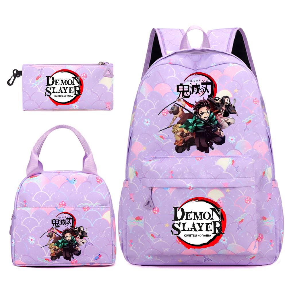 3Pcs/set Anime Demon Slayer Printed Backpack Handbag Pencil Case for Teenger Student Bookbag Women Large Capacity Waterproof Travel Bag Mochila