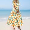 Women's Summer Casual Floral Print Short Sleeve O Neck High Waist A Line Tiered Flowy Boho Maxi Dress