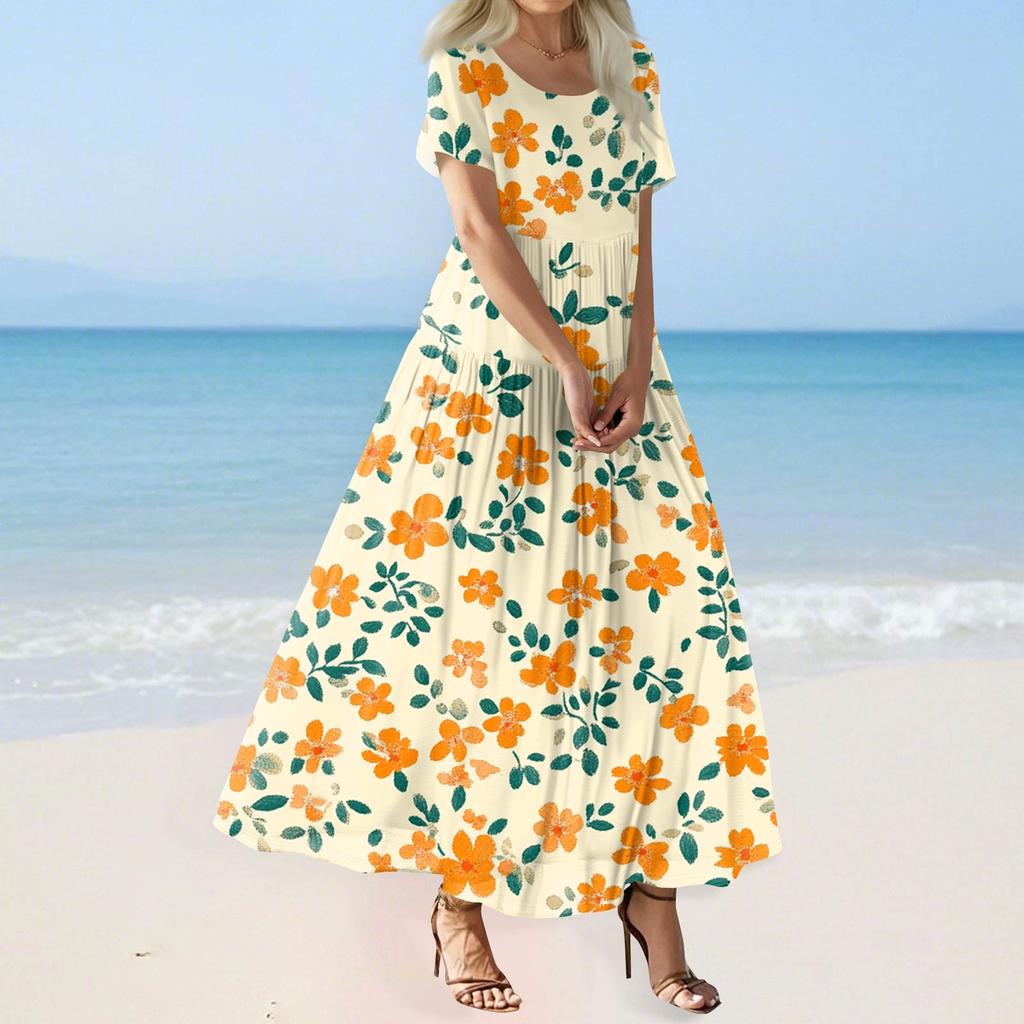 Women's Summer Casual Floral Print Short Sleeve O Neck High Waist A Line Tiered Flowy Boho Maxi Dress