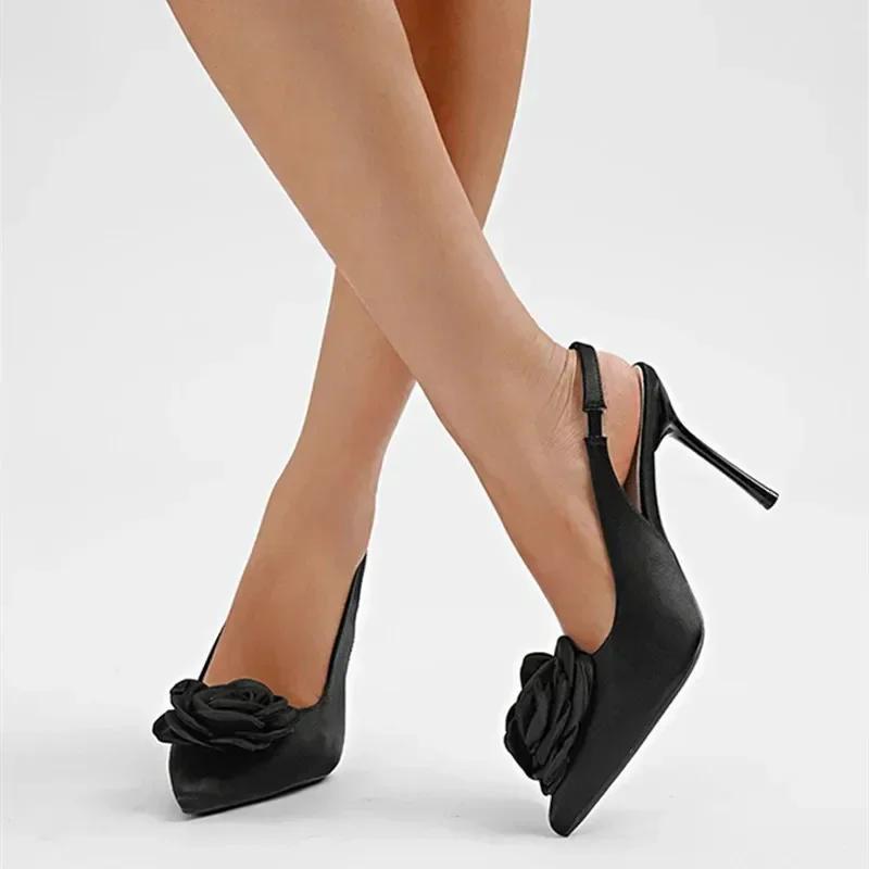 Fashion Elegant Satin Flower Designer Heels Women Sexy Pointy Toe Thin Heeled Sandals Fashion Slingback Party Dress Shoes Women Pumps