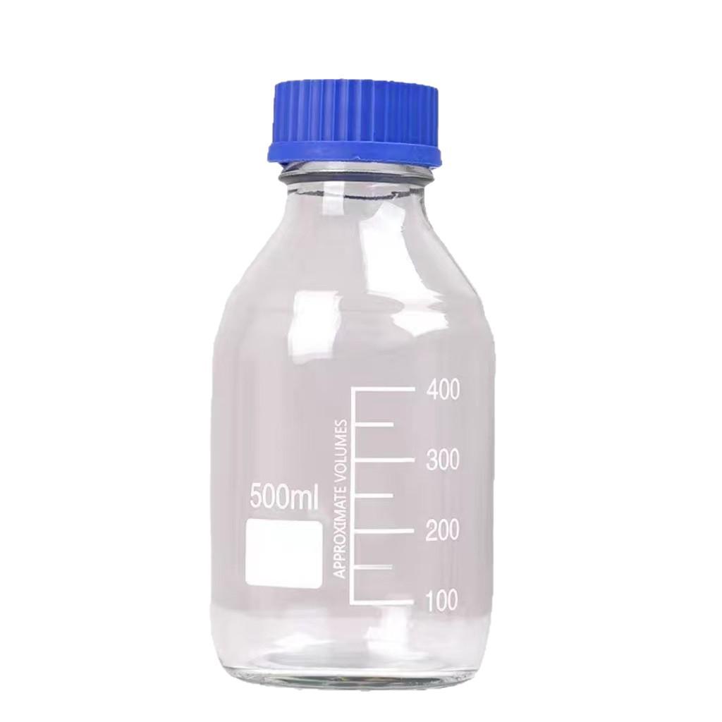 Blue Cap GL45 Threaded Glass Reagent Bottle - Transparent, Brown, Round with Scale, Sealed Sampling Lab Bottle