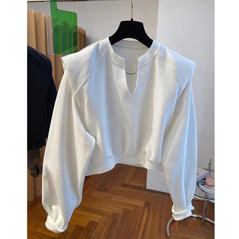 Women's Spring/Fall V-Neck Padded-Shoulder Cropped Sweatshirt: Korean-Style, Youthful, Unique, Loose-Fitting, Slimming Base Layer