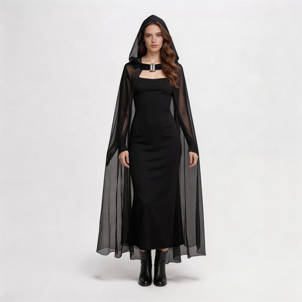 Halloween Grim Reaper Witch Mesh Long Cape Party Performance Costume Cosplay Wizard Cloak Black One Size