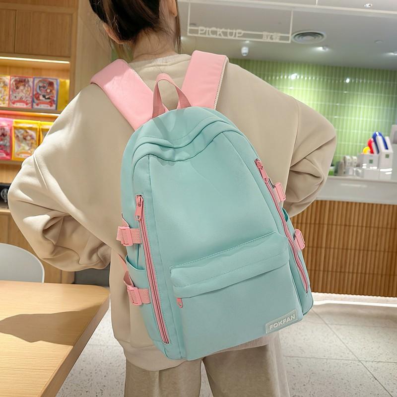 Schoolbag Solid Color Korean Version Backpack Bag 1011 New School Bag Female Junior High School Student College Backpack Female Double Vertical Pull