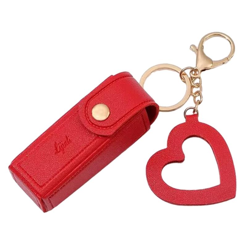 PU Leather Lipstick Bag Keychain Heart Pendant Mini Portable Key Chain Keyring