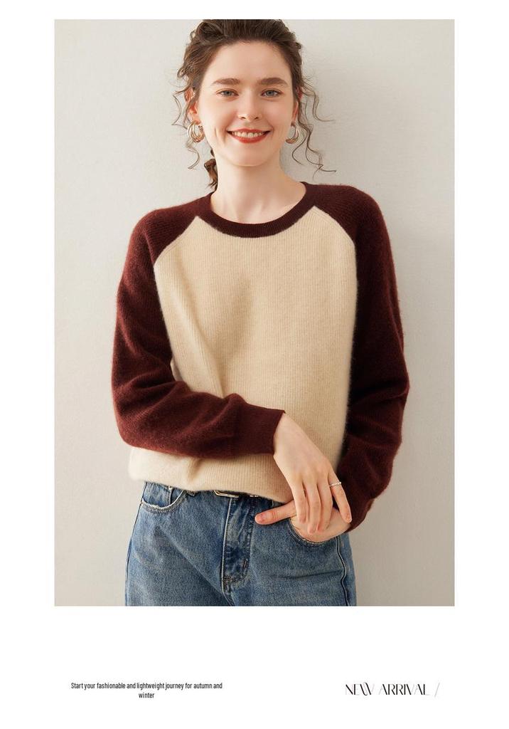 Women's Color Block Cashmere Sweater - Round Neck, Thick Knitwear for Autumn/Winter, Soft and Cozy Pullover