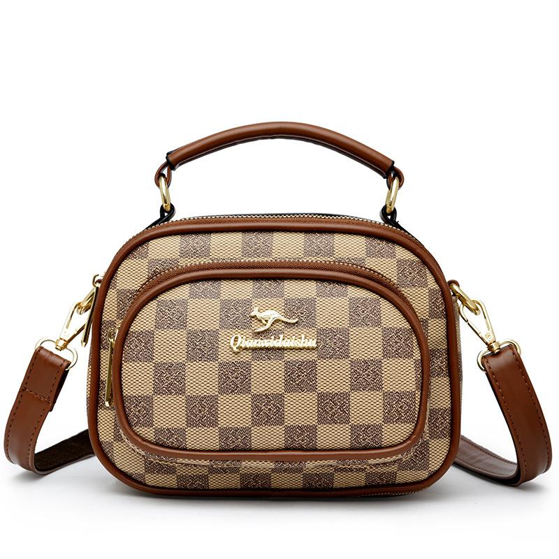 Checkerboard Summer Women's Bag  Crossbody Mobile Phone Bag  Fashionable Multi-layer Versatile Handbag  Middle-aged Mommy Bag