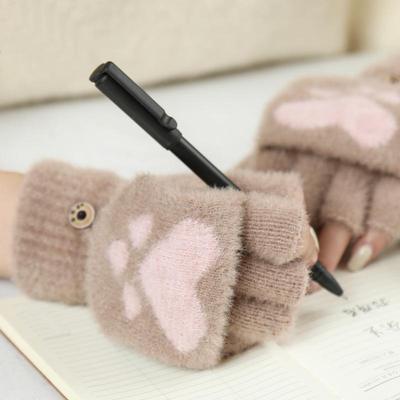 Verdickte Warme Katzenhandschuhe für Damen Mädchen Katzenpfoten Plüsch-Fäustlinge Weicher Plüsch Kurz Fingerlos Halbfinger Winterhandschuhe