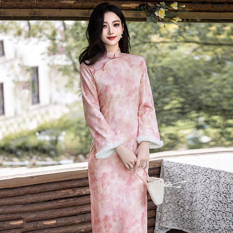 Pink velvet winter clothing national style new Chinese Suzhou long-sleeved cheongsam winter thick style improved young women's high sense
