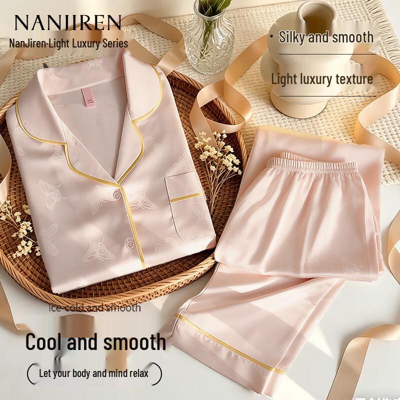 Nanjiren Women s Summer Jacquard Ice Silk Loungewear Set 2XL