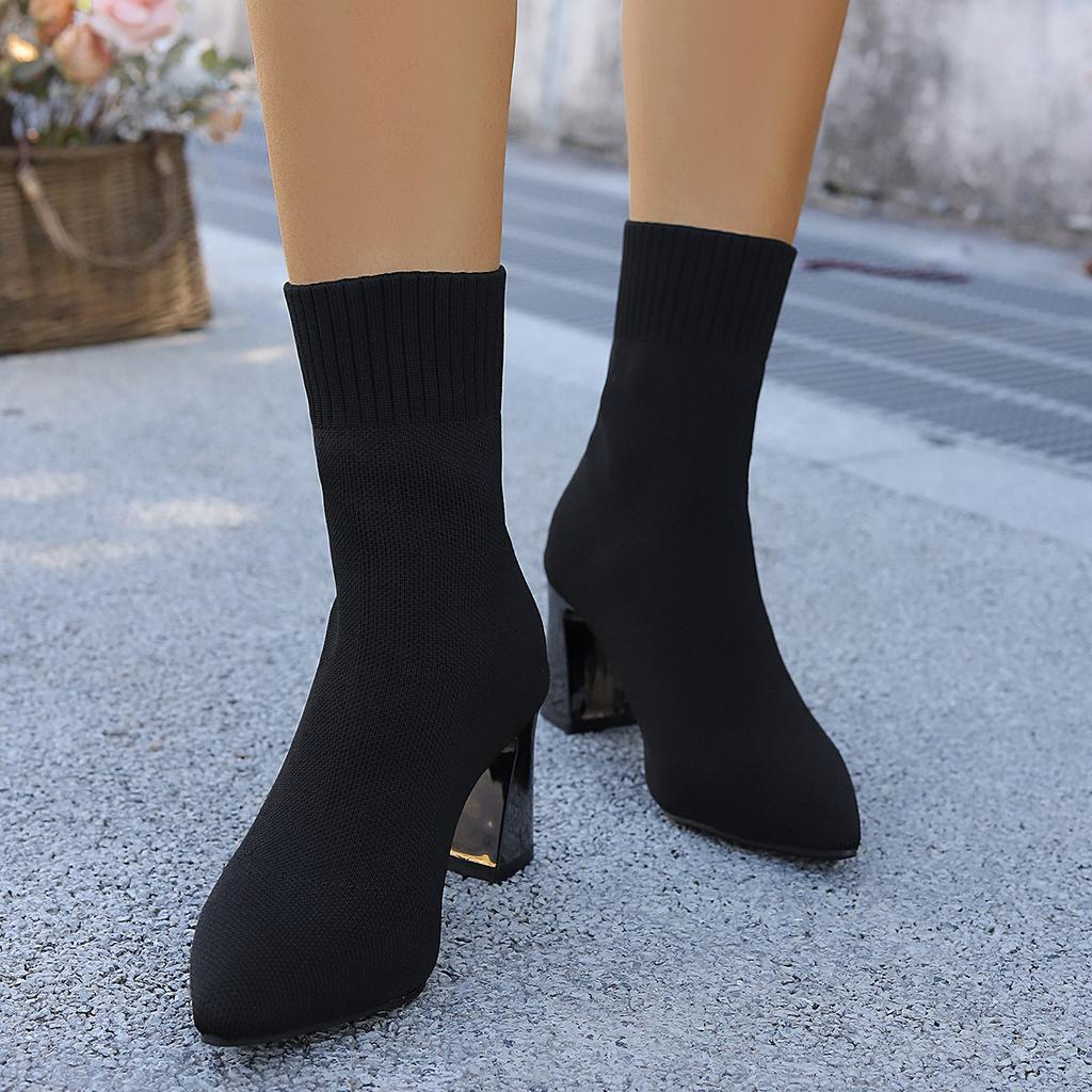 Women's Pointed Toe High Heels Sock Boots 2025 Autumn Brown Breathable Knitted Ankle Boots Woman Thick Heeled Dress Party Shoes