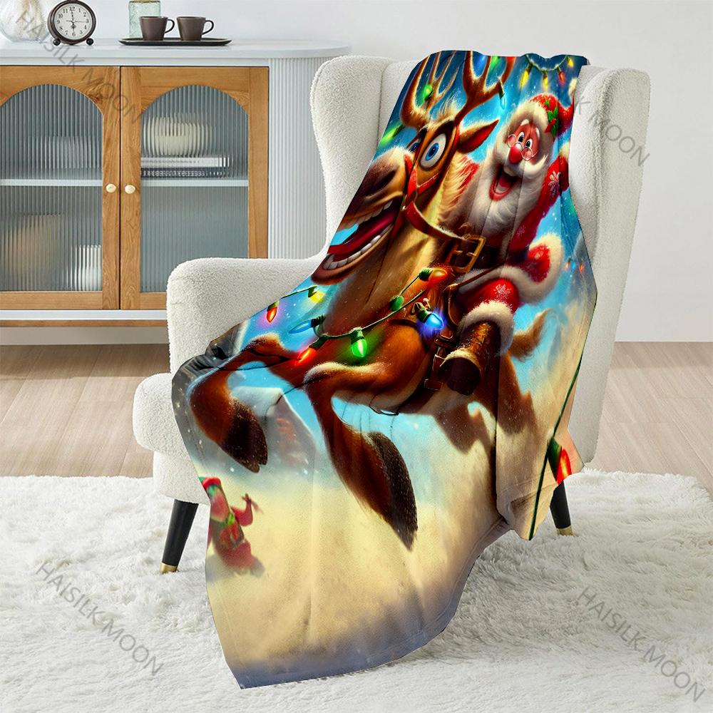

1PC Santa and reindeer with lights pattern Blanket Flannel Material Soft Warm for All Seasons Home Outdoor Camping Picnics RV 75x100cm