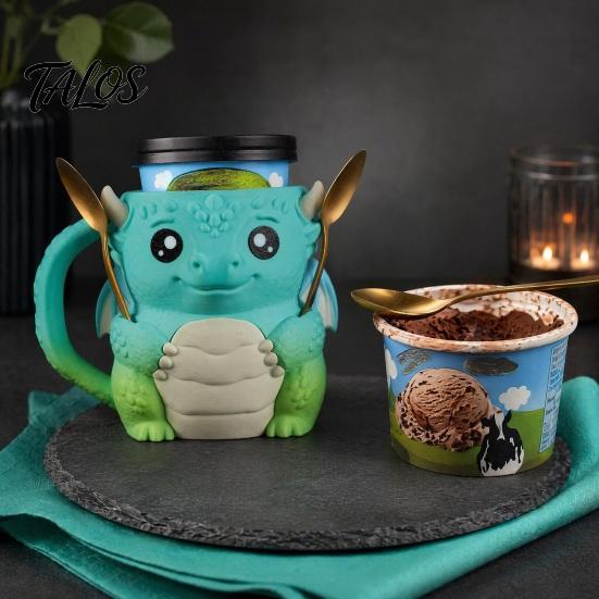 Gummi-isolierte Eisbox Sahnebehälter, Drachenform, mit Griff und Keksaufbewahrung, Dekorative Küchen-Untersetzerfläche, Auslaufsicherer Behälter, für Dessert