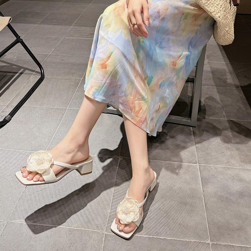 Fashion Flower Beach Slippers For Women'S Square Head Open-Toed Heel Slippers Elegant Flower Design Womens Shoes Sandalias Mujer