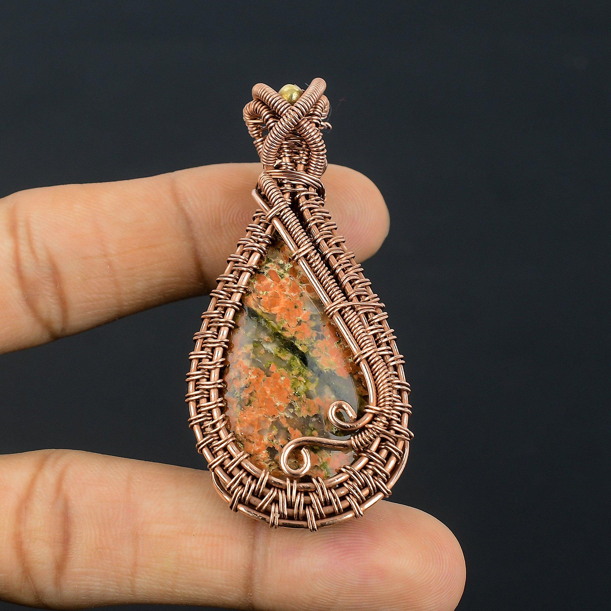 

Кулон из унакита, Ювелирное изделие, обернутое медной проволокой 999 пробы, Подвеска с драгоценным камнем, Ювелирное изделие ручной работы для свадебного подарка 2.55 Inches